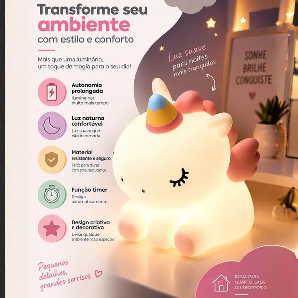 Luminária de Unicórnio Silicone Mesa Lâmpada Noturna Abajur Fofo Sensor Toque Touch Led  - imagem 4