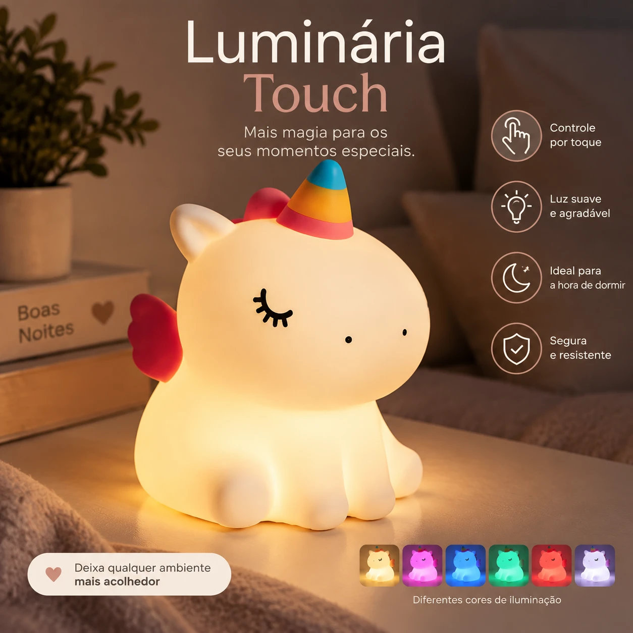 Luminária de Unicórnio Silicone Mesa Lâmpada Noturna Abajur Fofo Sensor Toque Touch Led  - 5