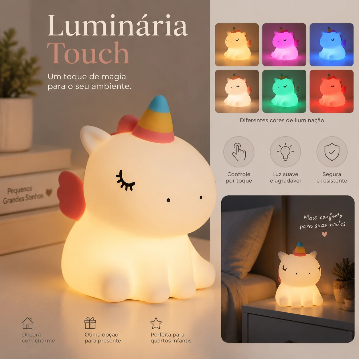 Luminária de Unicórnio Silicone Mesa Lâmpada Noturna Abajur Fofo Sensor Toque Touch Led  - 7