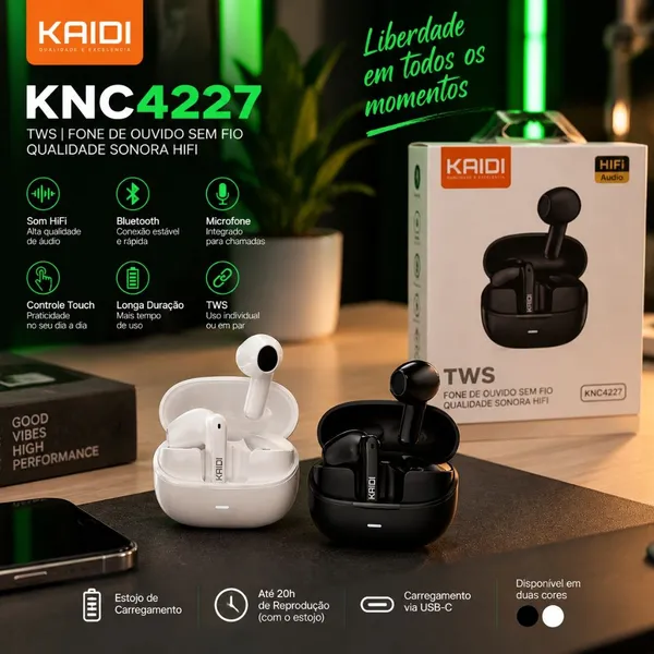 Fone De Ouvido Sem Fio Kaidi KNC4227 Bluetooth 5.0 Tws Preto HiFi - imagem 5
