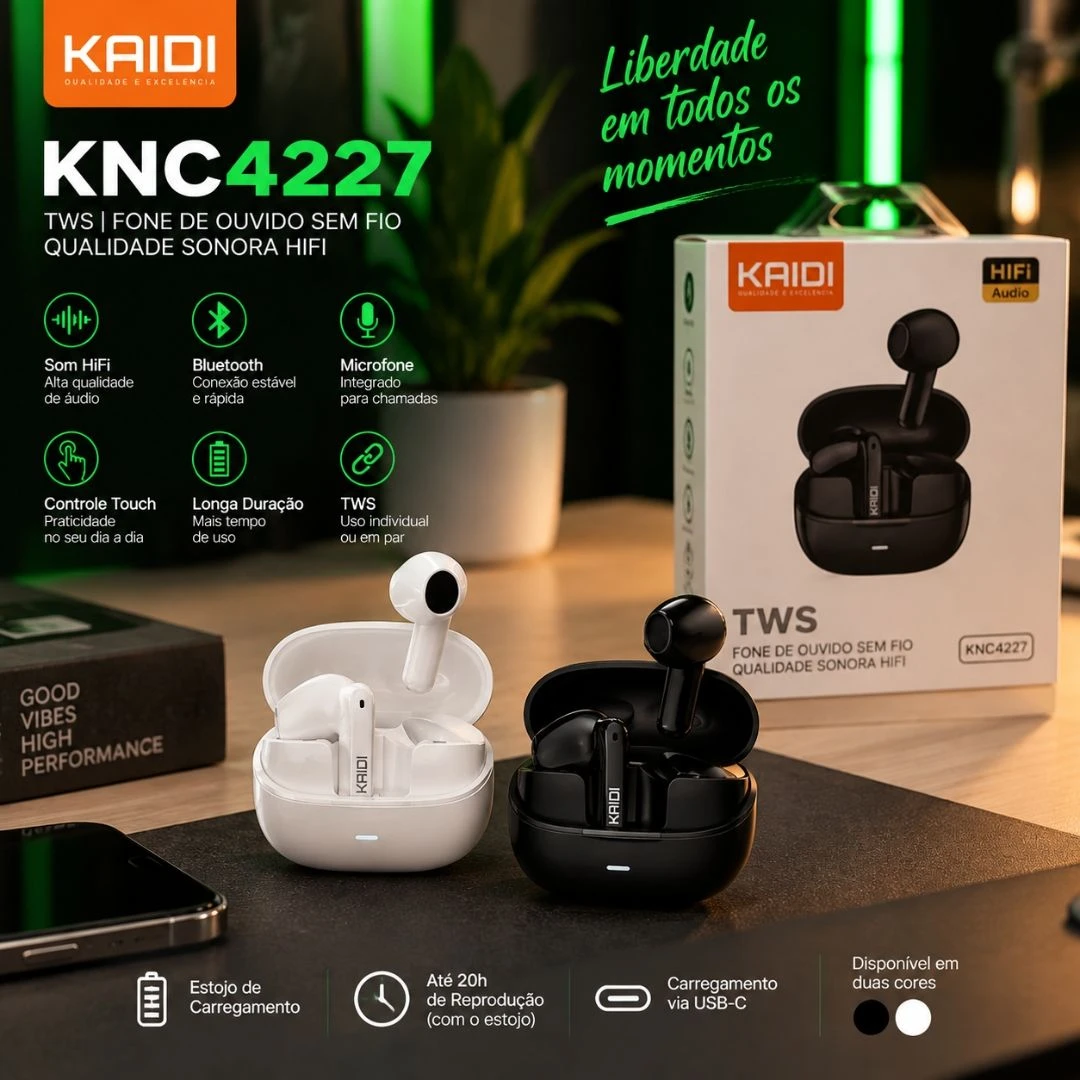 Fone De Ouvido Sem Fio Kaidi KNC4227 Bluetooth 5.0 Tws Preto HiFi - 5