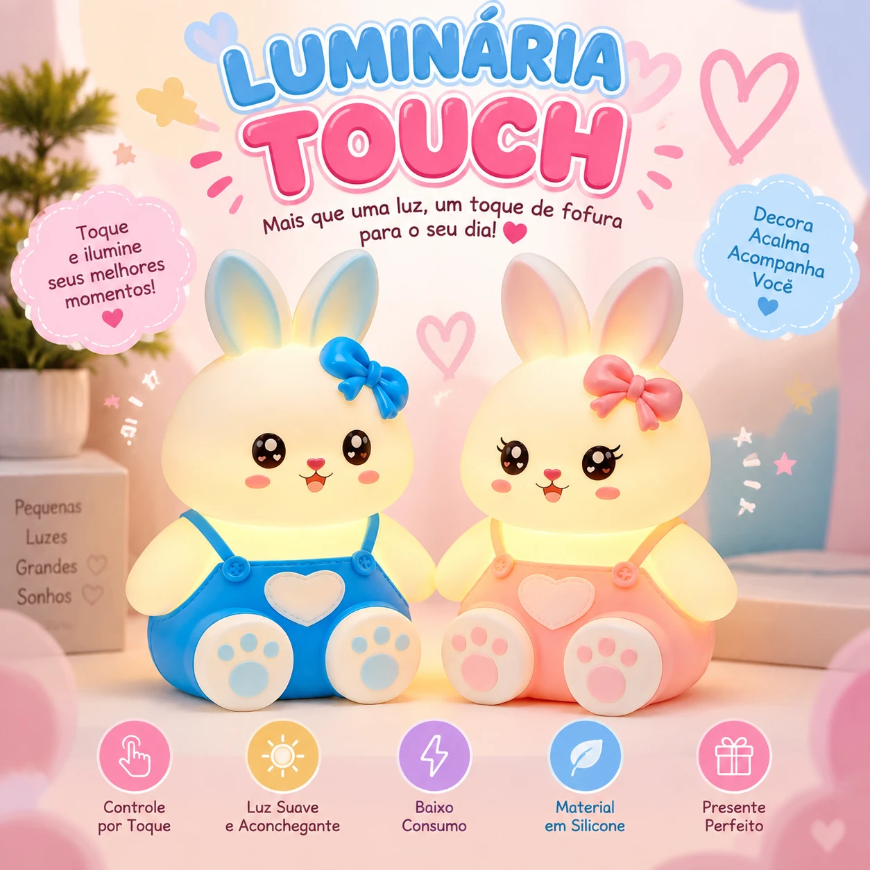Luminaria Noturna Abajur Infantil Coelho Led Recarregável - 7