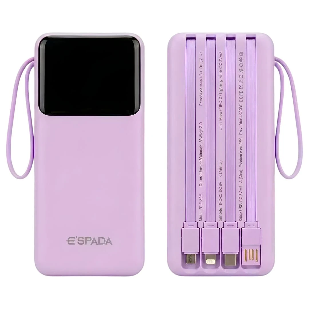 Carregador Portátil Powerbank Com Visor 10000mAh 4 cables de carga rápida PD para Android e iOS e Lanterna Espada BTE-90E - 4