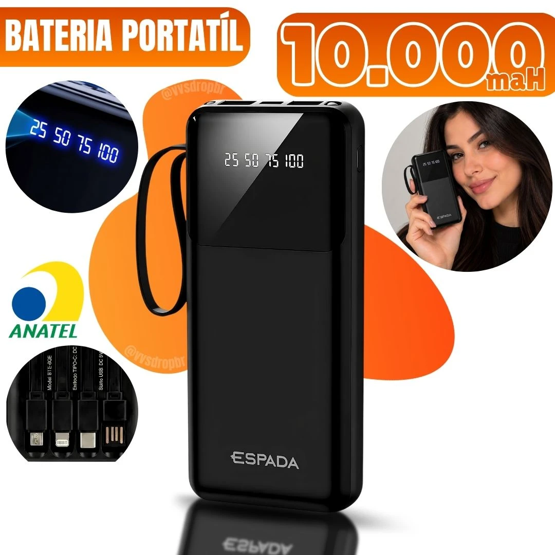 Carregador Portátil Powerbank Com Visor 10000mAh 4 cables de carga rápida PD para Android e iOS e Lanterna Espada BTE-90E - 1
