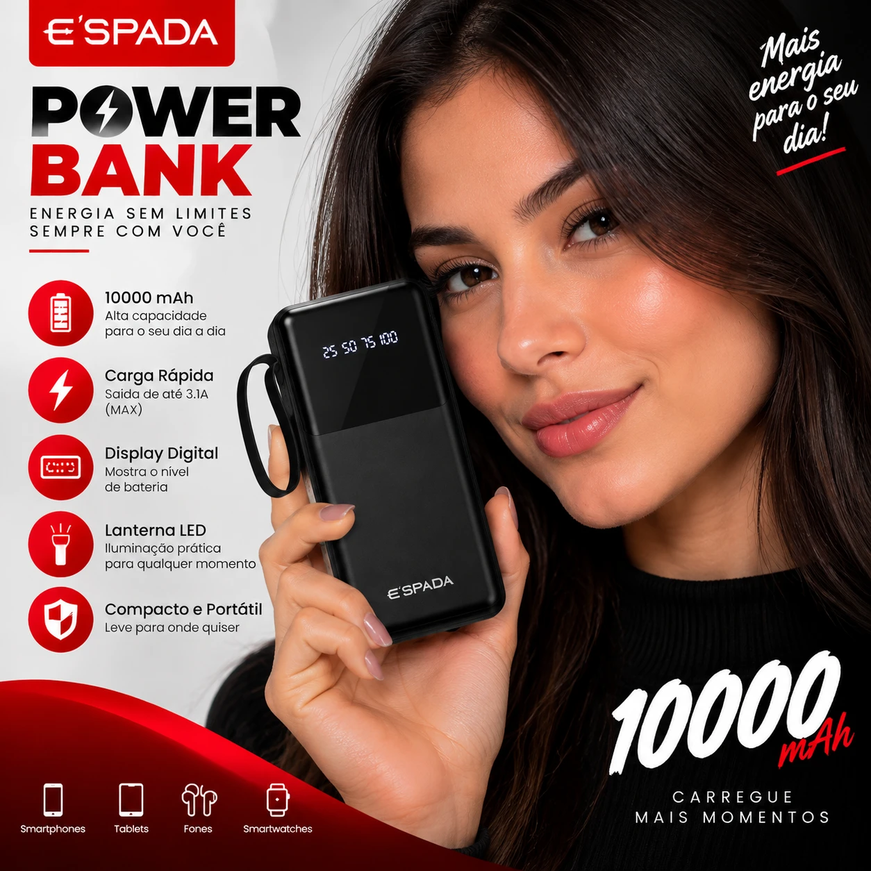 Carregador Portátil Powerbank Com Visor 10000mAh 4 cables de carga rápida PD para Android e iOS e Lanterna Espada BTE-90E - 3