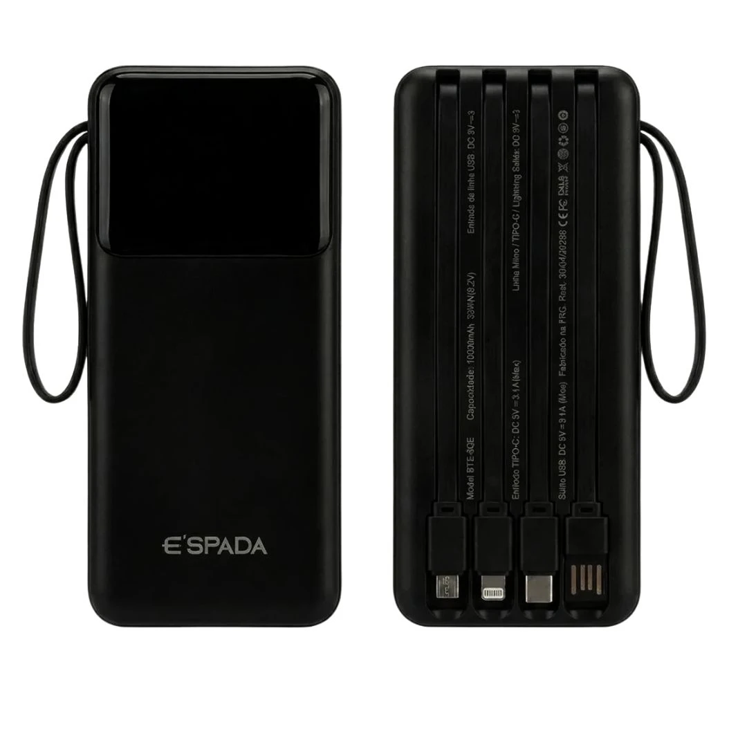 Carregador Portátil Powerbank Com Visor 10000mAh 4 cables de carga rápida PD para Android e iOS e Lanterna Espada BTE-90E - 7