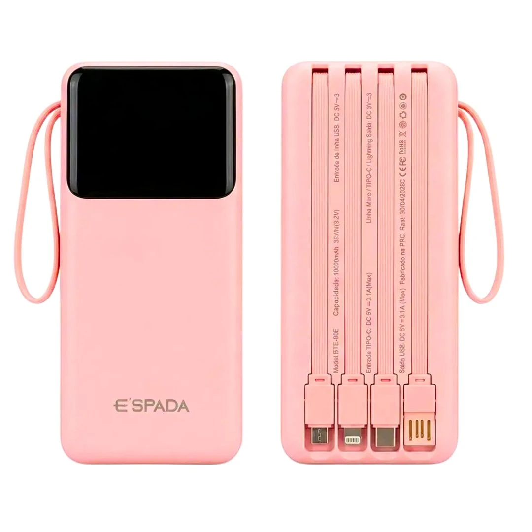 Carregador Portátil Powerbank Com Visor 10000mAh 4 cables de carga rápida PD para Android e iOS e Lanterna Espada BTE-90E - 8