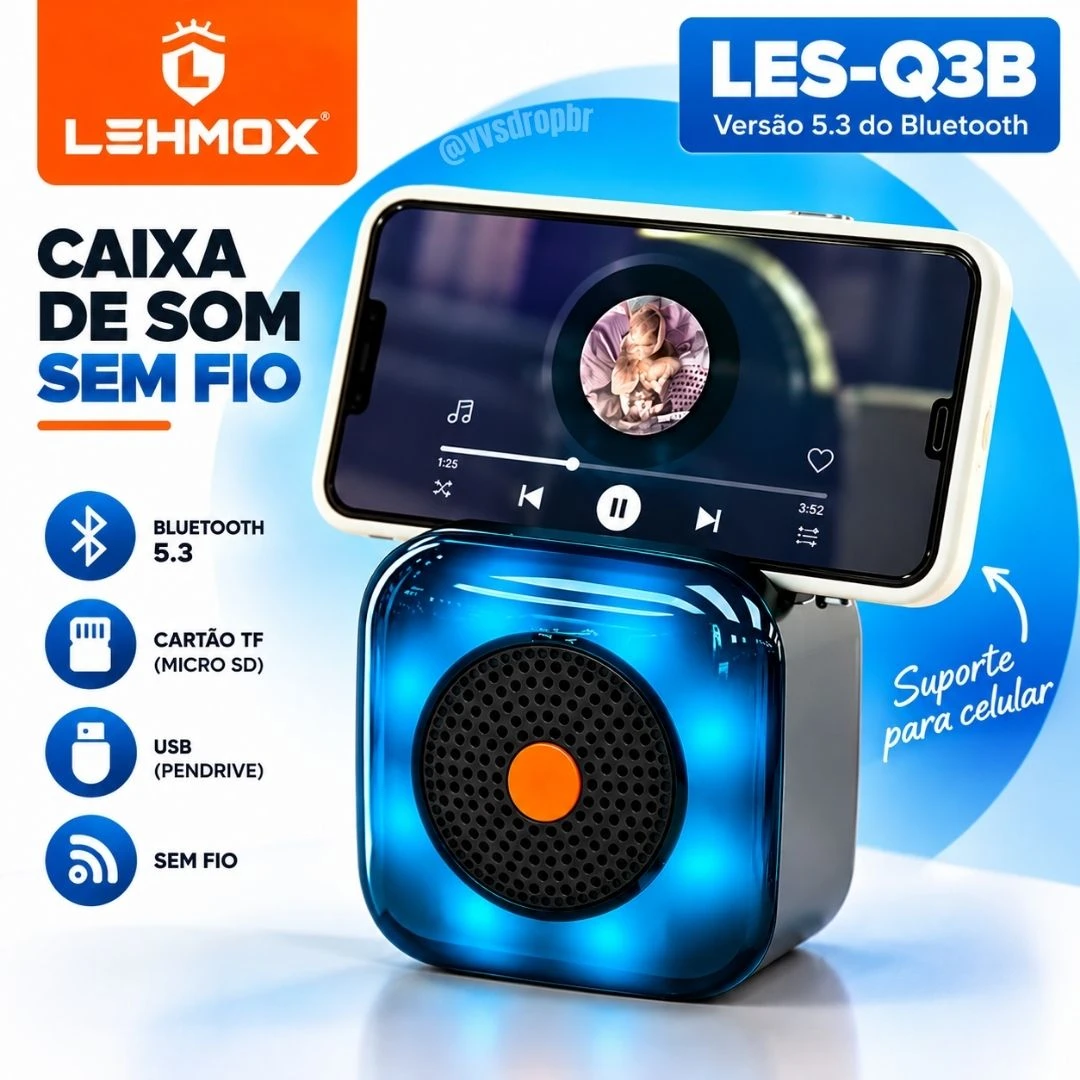 Caixa de Som Bluetooth 5.3 Portátil Lehmox LES-Q3B com Suporte para Celular, USB, Cartão TF e TWS - 1