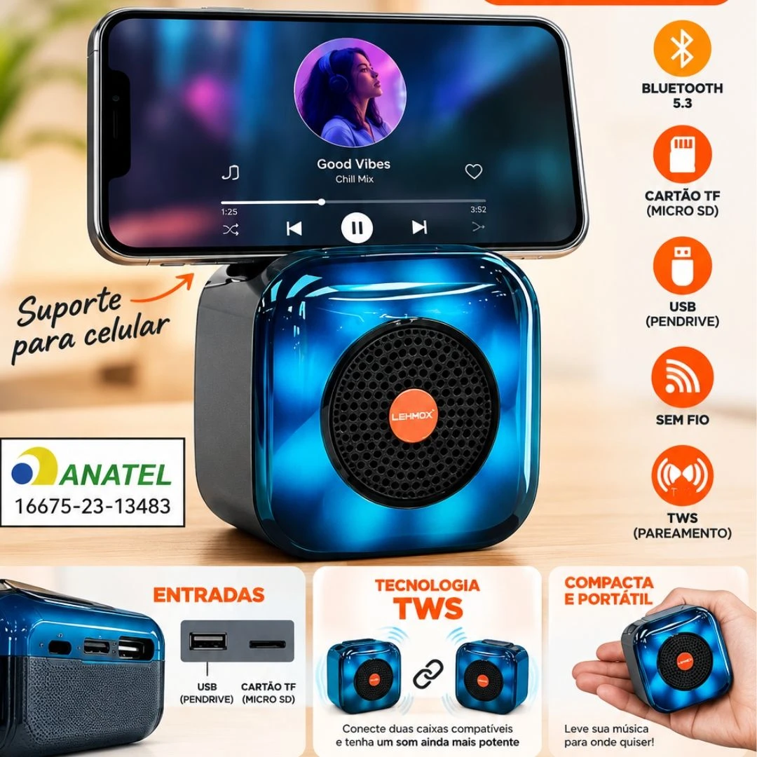 Caixa de Som Bluetooth 5.3 Portátil Lehmox LES-Q3B com Suporte para Celular, USB, Cartão TF e TWS - 5