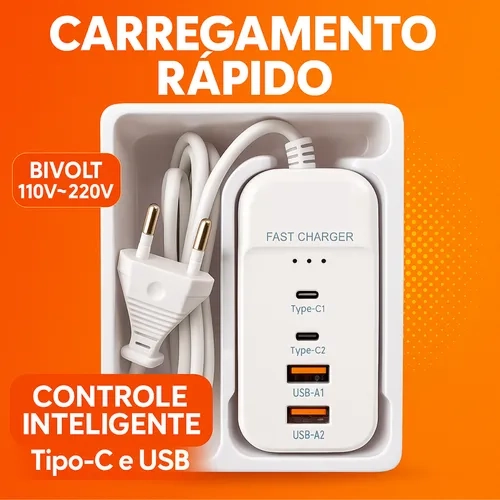 Carregador Turbo Universal USB Tipo C 66W Ultra Rápido 5.1A 2x Portas USB 2 Portas Tipo C 1 Cabo Tipo C Extensão Com Cab - imagem 4
