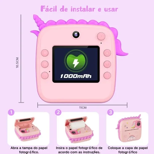 Câmera Instantânea Divertida Infantil Tira Imprimi Foto Na Hora De Verdade Filmadora Full Hd Criança Presente Com Jogos Modelo Dinossauro Swave - 4