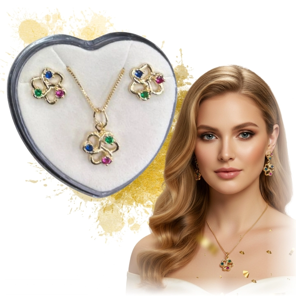 Conjunto Trevo Colorido – Colar e Brincos Banhados a Ouro 18k com Pedras Multicoloridas - imagem 1