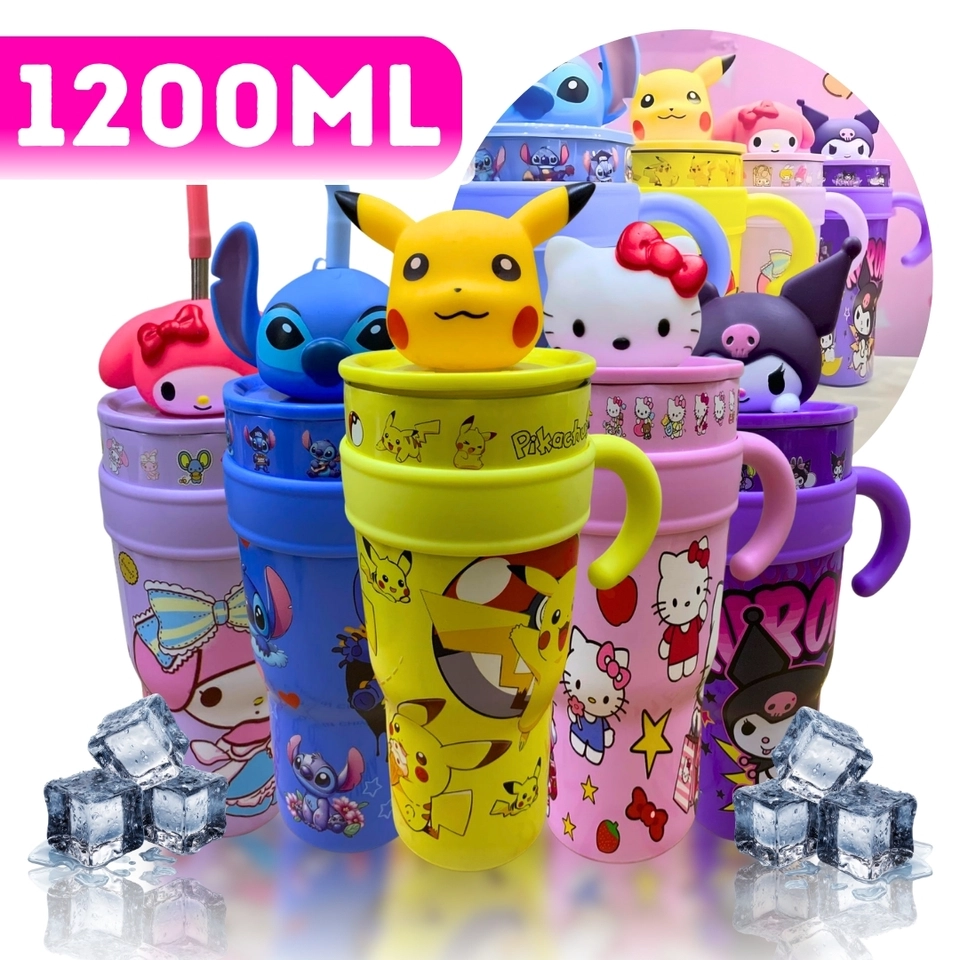 Copo Térmico 1200ml Inox com Canudo Personagens 3D Infantil – Stitch Hello Kitty Pikachu Kuromi - imagem 1