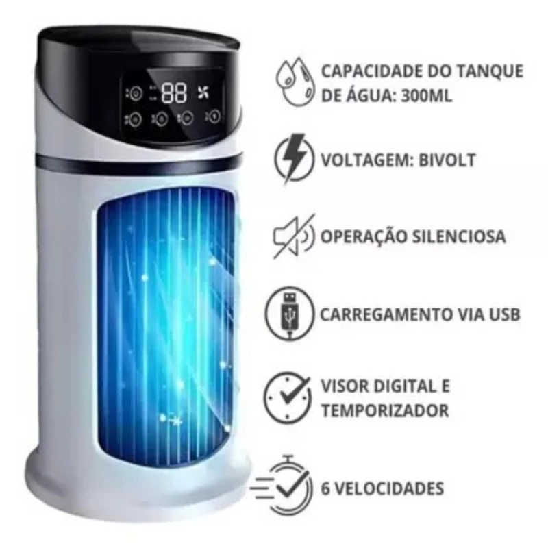 Ventilador Mini Ar Condicionado Portátil Climatizador 300ml USB Bivolt Pulverizador Premium Luz LED Com Reservatório - 5