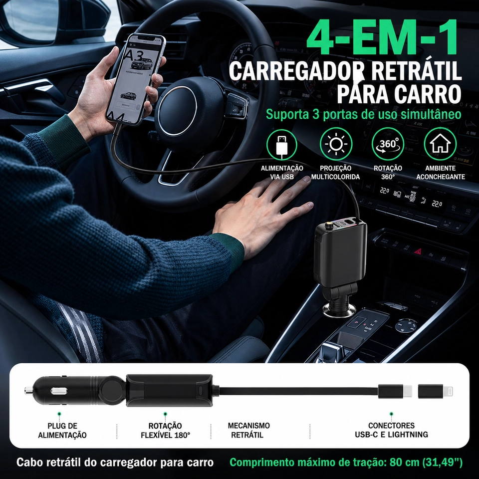 Carregador de Carro 120W USB-C Retrátil - Carga Rápida iPhone 15/14/13, Samsung - Luz LED 12V/24V - imagem 5
