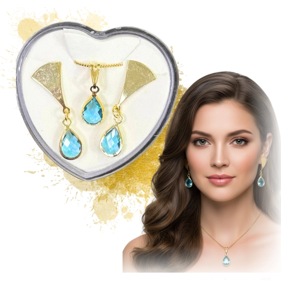 Conjunto Gota Azul Safira – Joias Banhadas a Ouro 18k com Pedra Azul em Gota - imagem 1