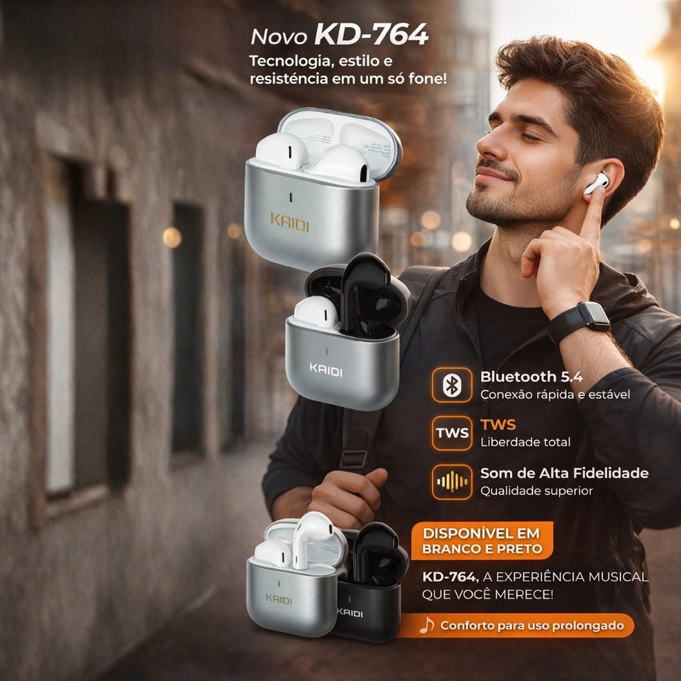 Fone de Ouvido Sem fio Bluetooth  novo Kaidi KD-764 Metal - 5