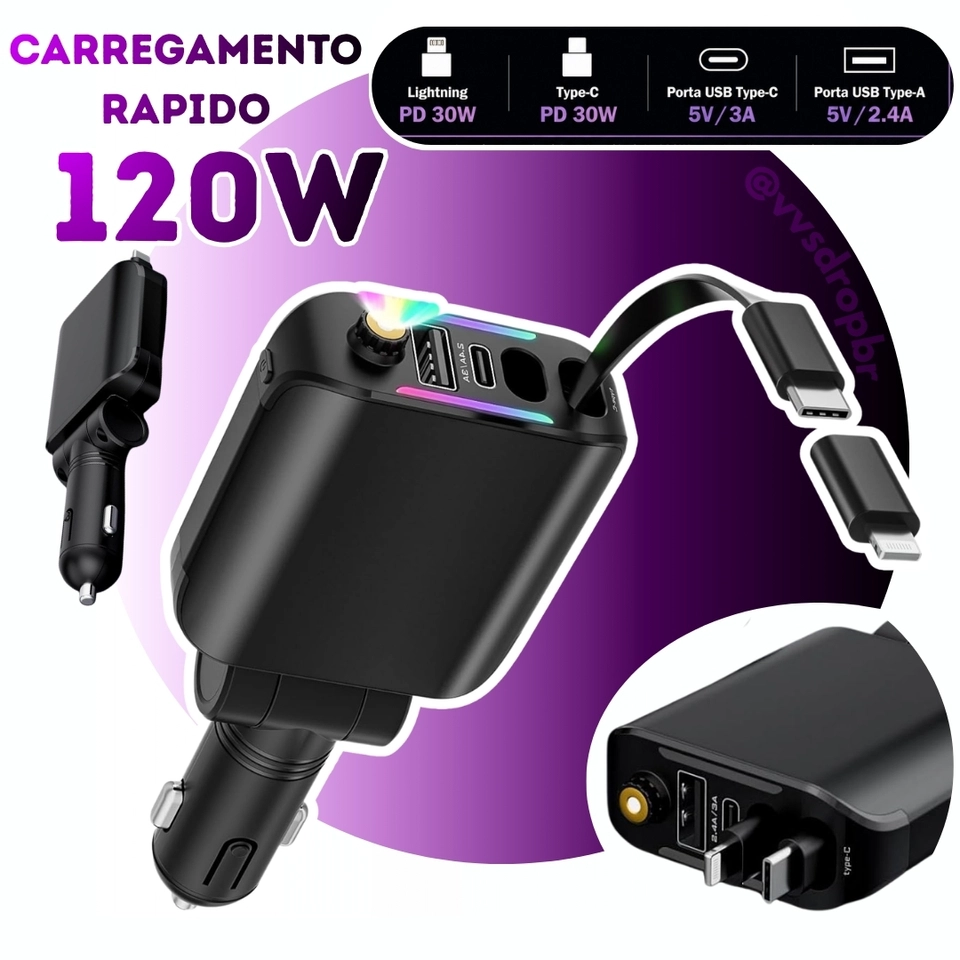 Carregador de Carro 120W USB-C Retrátil - Carga Rápida iPhone 15/14/13, Samsung - Luz LED 12V/24V - imagem 1