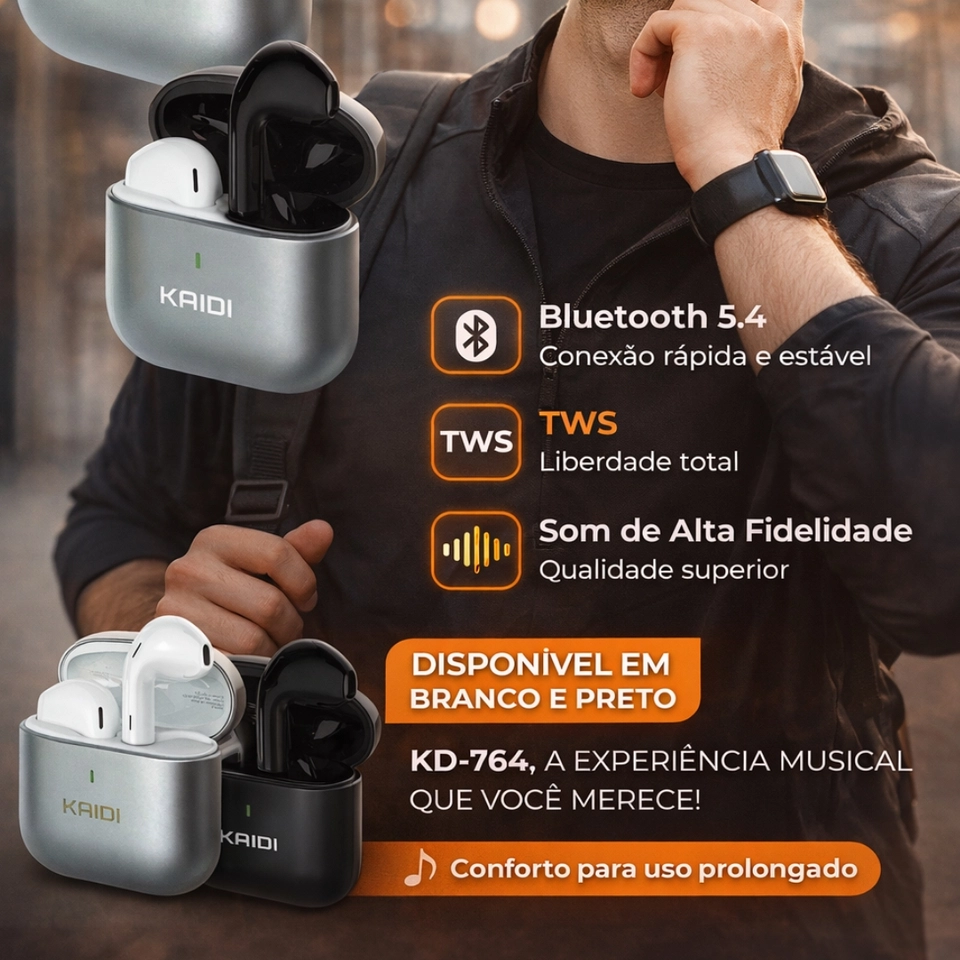 Fone de Ouvido Sem fio Bluetooth  novo Kaidi KD-764 Metal - 2