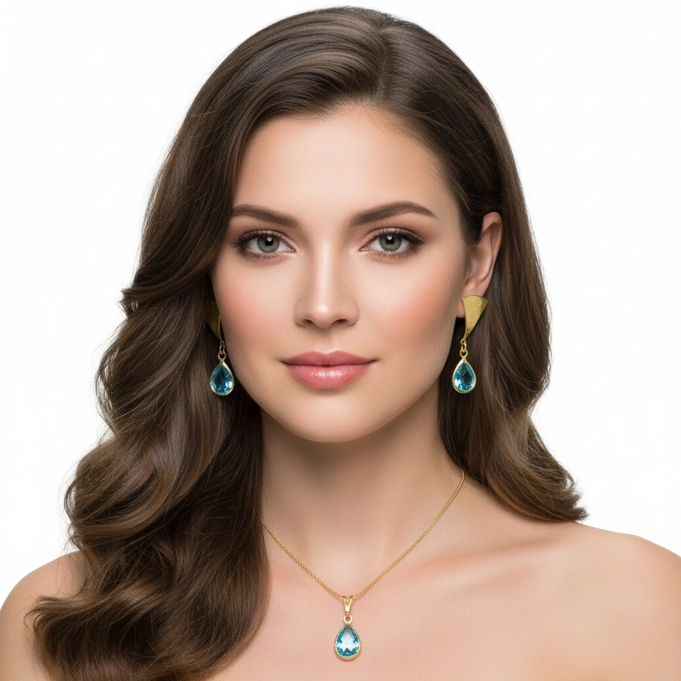 Conjunto Gota Azul Safira – Joias Banhadas a Ouro 18k com Pedra Azul em Gota - imagem 2