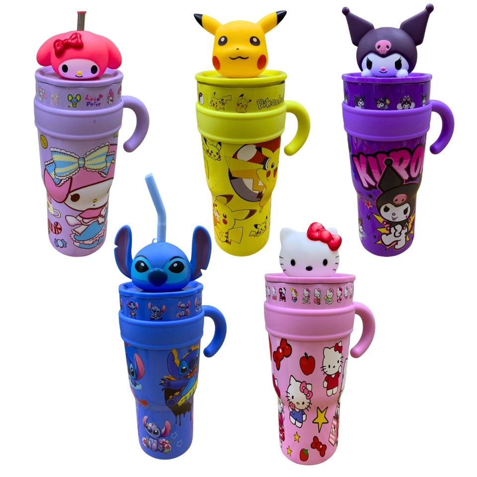 Copo Térmico 1200ml Inox com Canudo Personagens 3D Infantil – Stitch Hello Kitty Pikachu Kuromi - imagem 3