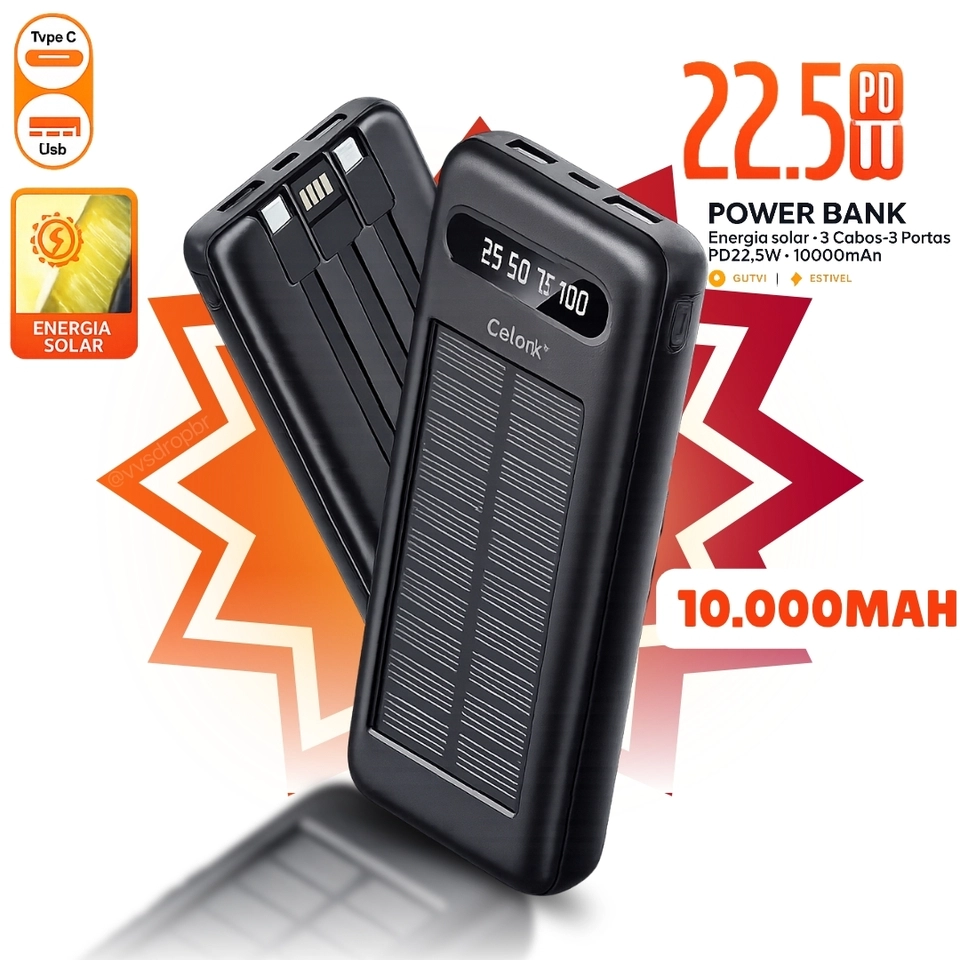 Power Bank Solar Celark 10000mAh 22.5W PD com 3 Cabos Embutidos USB Tipo-C iPhone Micro USB e Display LED - imagem 1