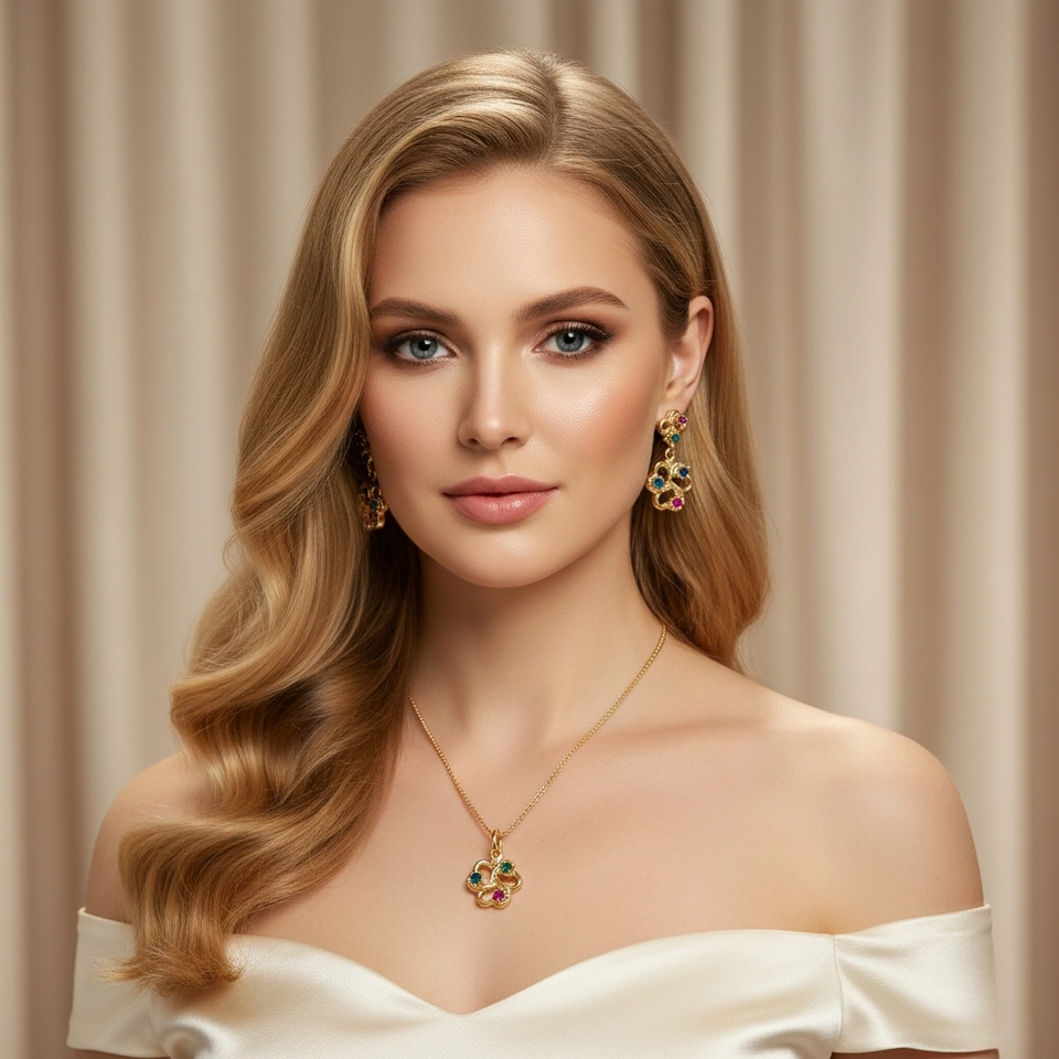 Conjunto Trevo Colorido – Colar e Brincos Banhados a Ouro 18k com Pedras Multicoloridas - imagem 3