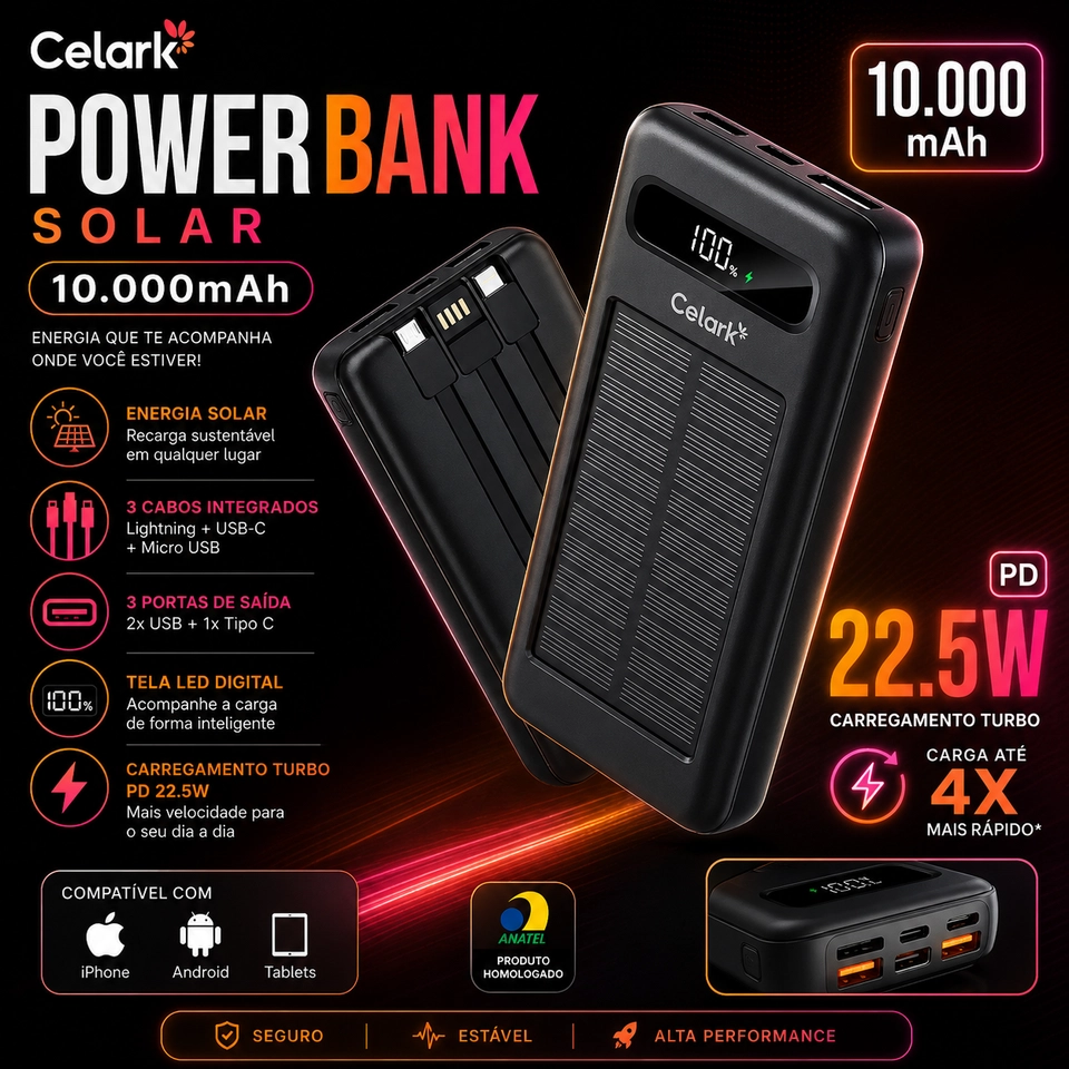 Power Bank Solar Celark 10000mAh 22.5W PD com 3 Cabos Embutidos USB Tipo-C iPhone Micro USB e Display LED - imagem 2