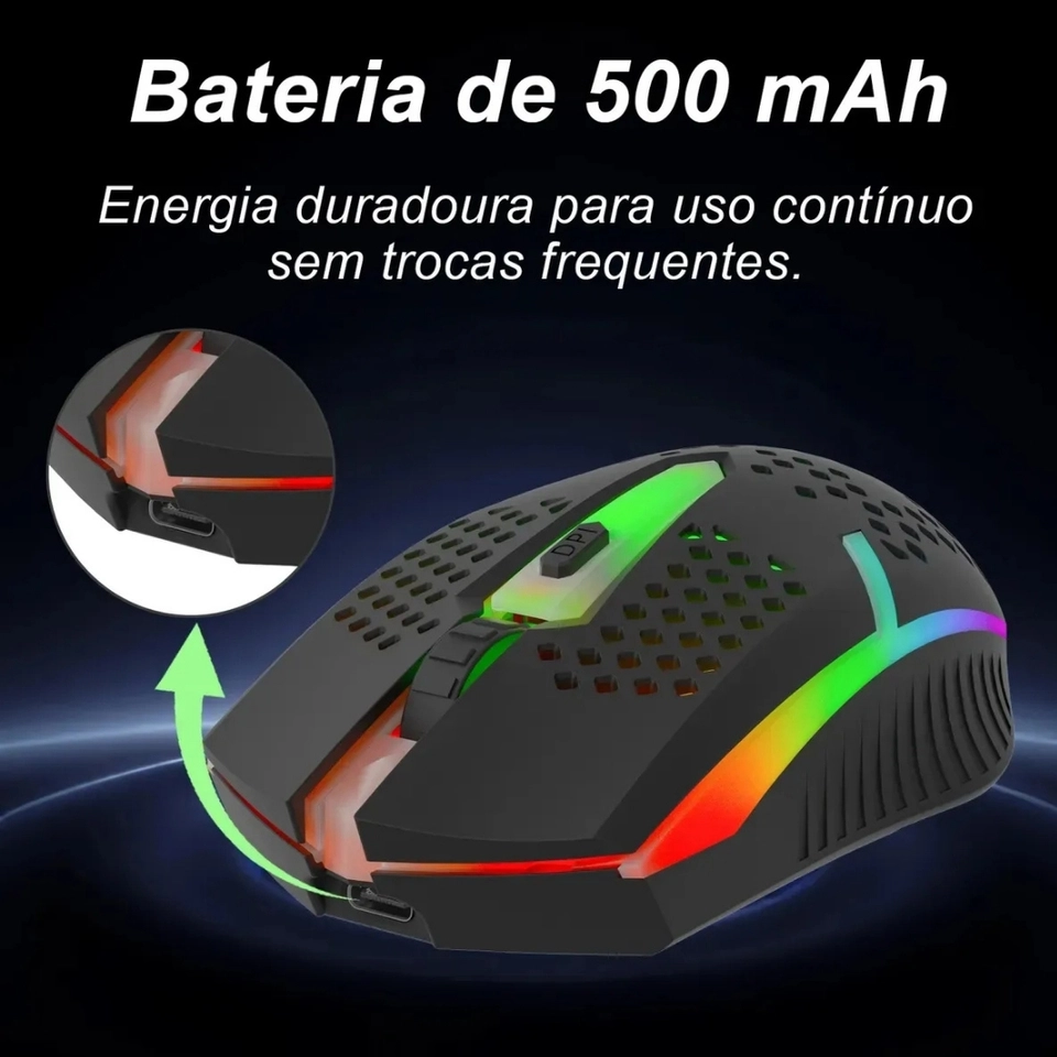 Mouse Gamer Sem Fio Recarregável com LED RGB, Bluetooth e Conexão 2.4 GHz Compatível - imagem 4