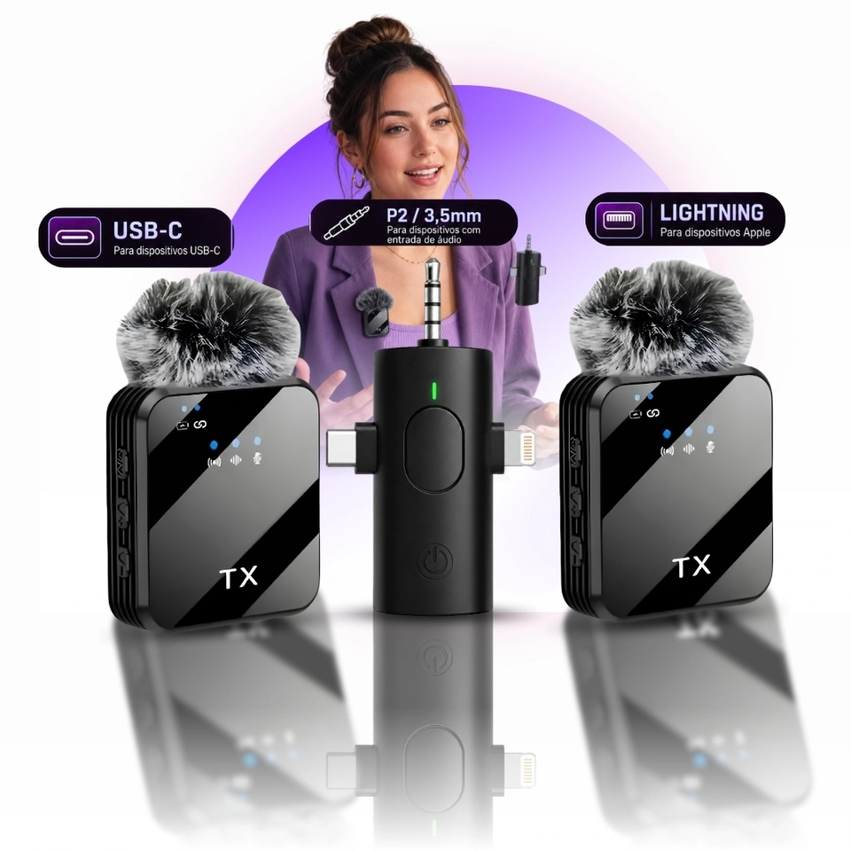 Lapela Sem Fio 3 em 1 P2 Tipo-C Lightning Para iPhone Android Quadrado - imagem 1