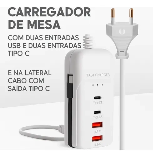 Carregador Turbo Universal USB Tipo C 66W Ultra Rápido 5.1A 2x Portas USB 2 Portas Tipo C 1 Cabo Tipo C Extensão Com Cab - imagem 3