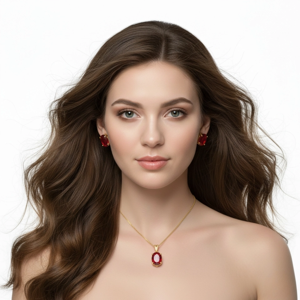 Conjunto Rubi Luxo Premium – Colar e Brincos Banhados a Ouro 18k com Pedra Rubi Oval - imagem 2