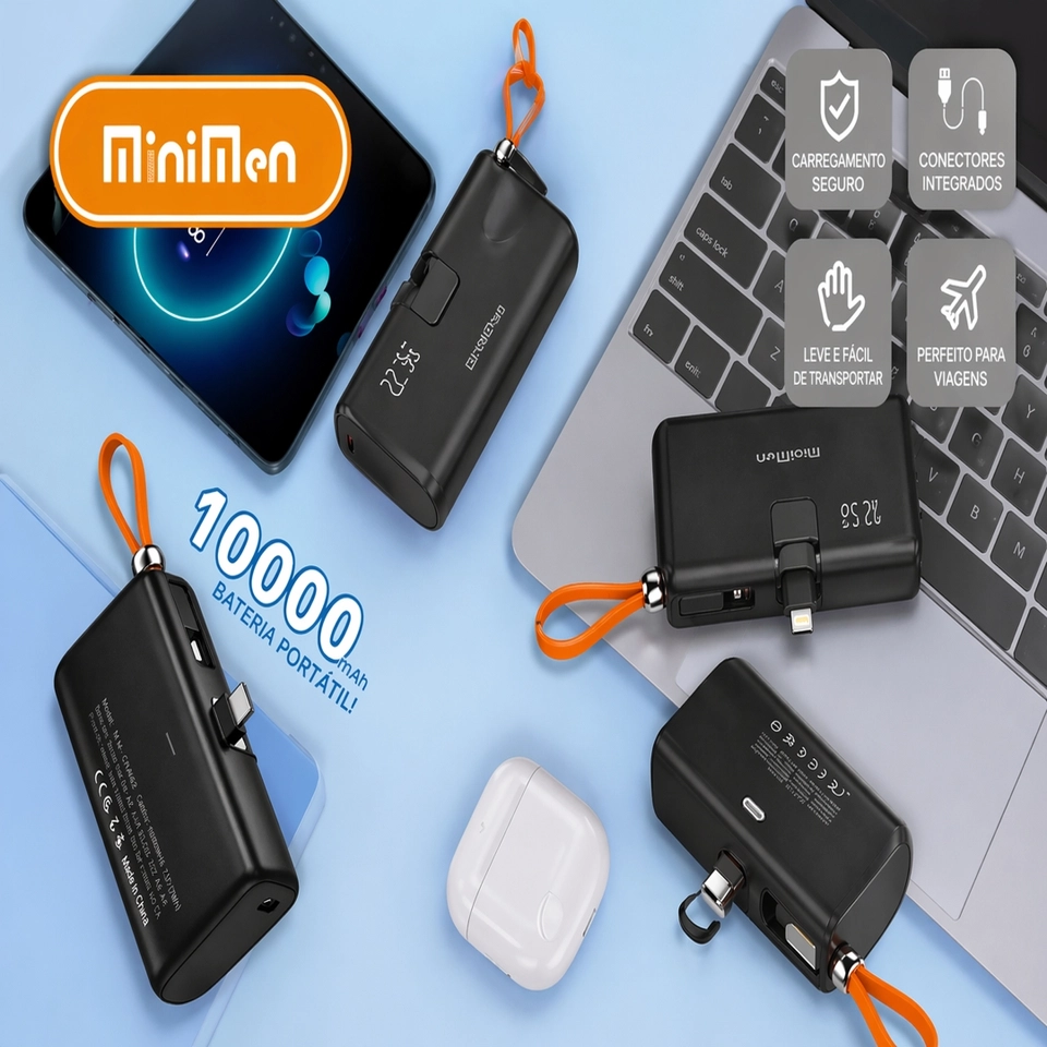 Carregador Portátil Mini Power Bank 10000mAh Com 02 Saídas Tipo-C / Lightning Minimen - 4