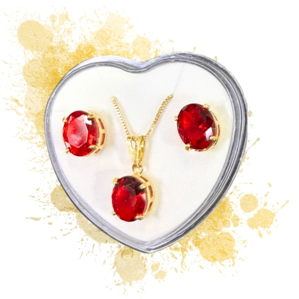 Conjunto Rubi Luxo Premium – Colar e Brincos Banhados a Ouro 18k com Pedra Rubi Oval - imagem 3