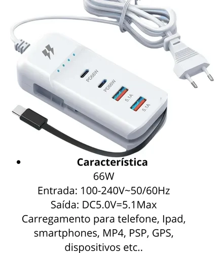 Carregador Turbo Universal USB Tipo C 66W Ultra Rápido 5.1A 2x Portas USB 2 Portas Tipo C 1 Cabo Tipo C Extensão Com Cab - imagem 5