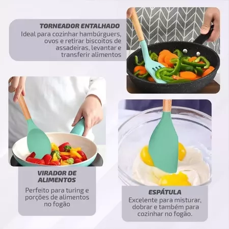 Kit C/12 Peças Utensílios De Cozinha Colheres Espatula Silicone Cabo Madeira Decoração Livre BPA - 7