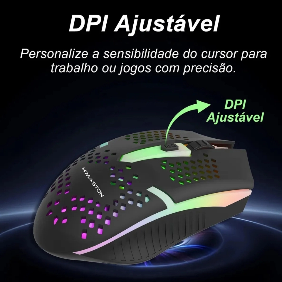 Mouse Gamer Sem Fio Recarregável com LED RGB, Bluetooth e Conexão 2.4 GHz Compatível - 6