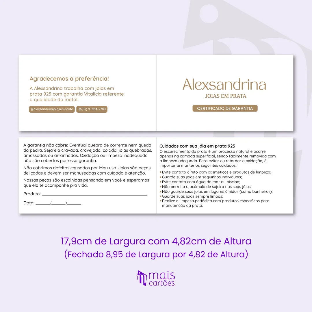 Certifica de Garantia Dobrável 17,9x4,82cm - 2