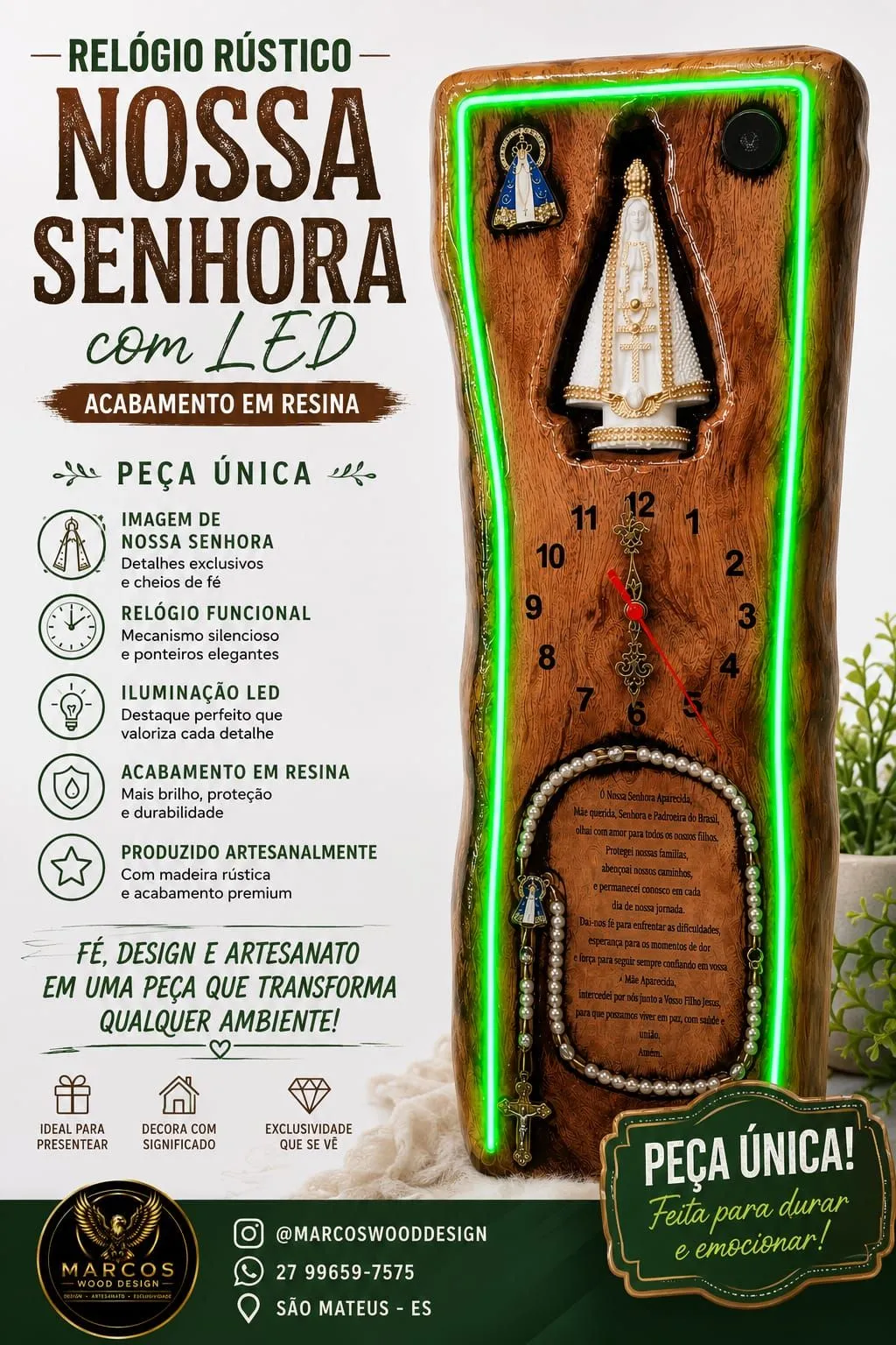 Relógio Rústico Nossa Senhora Aparecida em Madeira de Lei  - 1