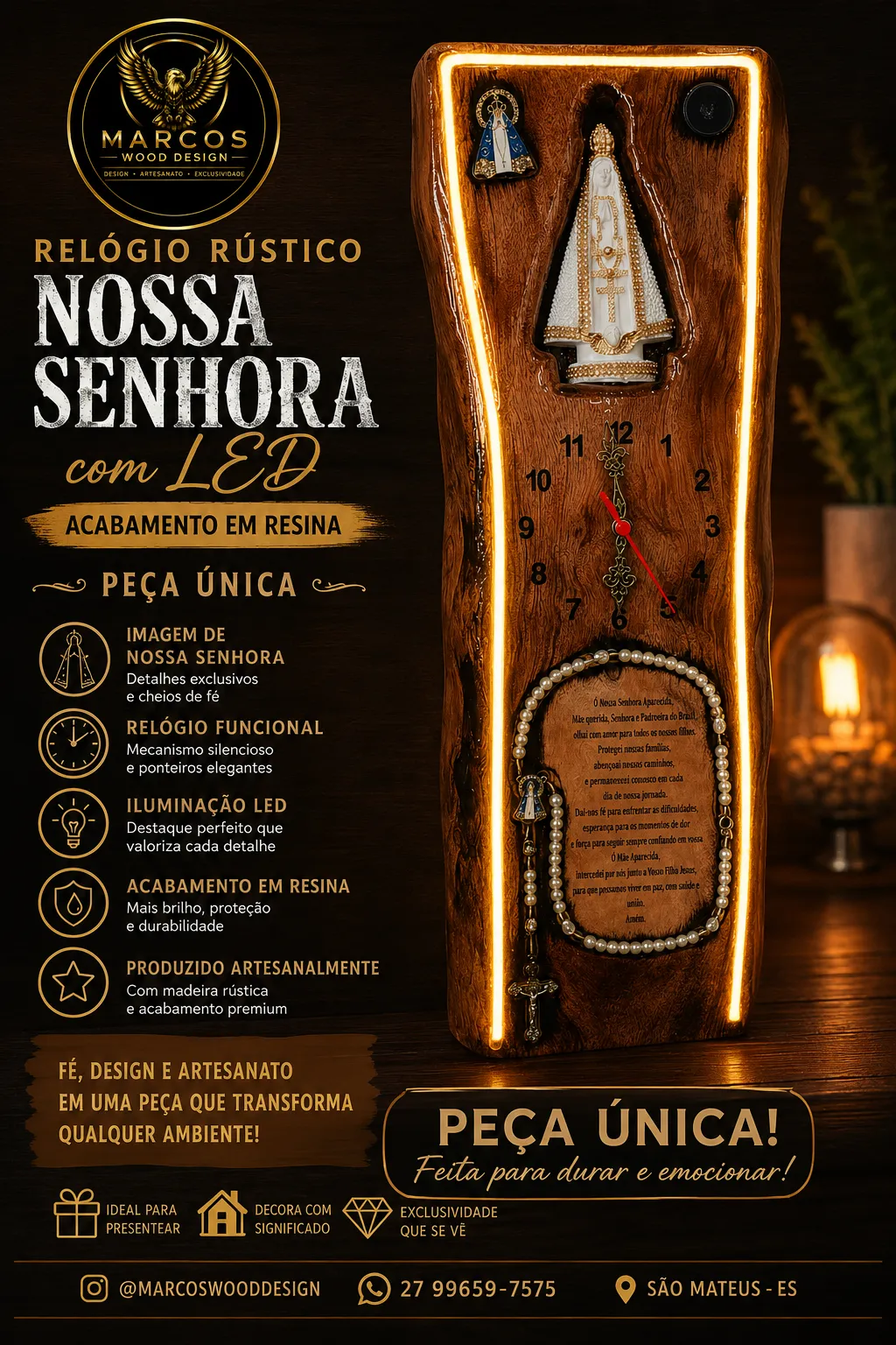 Relógio Rústico Nossa Senhora Aparecida em Madeira de Lei  - 2