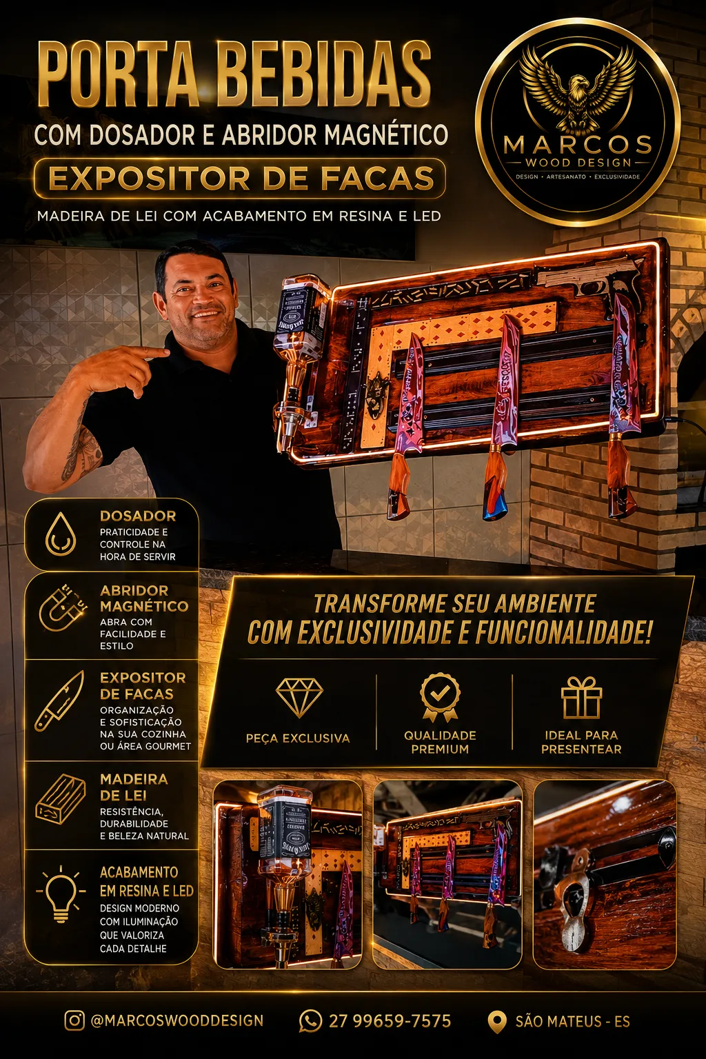 Expositor de Facas com Porta-Bebidas, Dosador e Abridor Magnético - 1