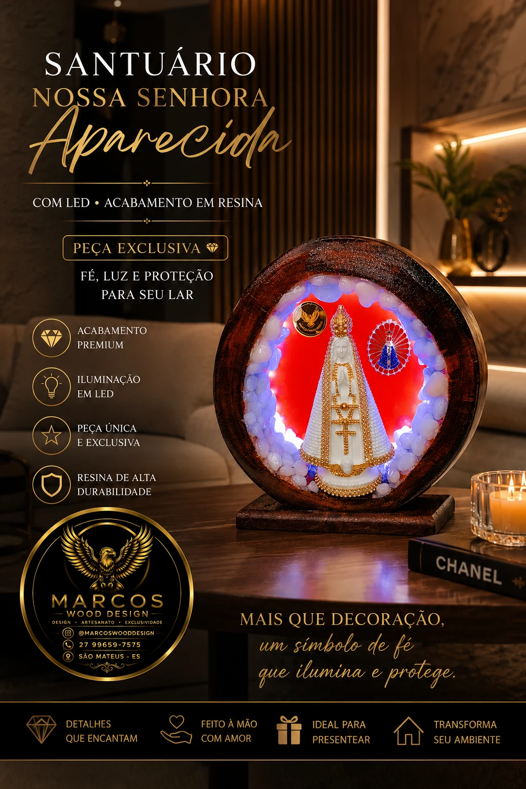 Santuário Rústico Nossa Senhora Aparecida Fundo em Resina Laranja e LED Branco - 1