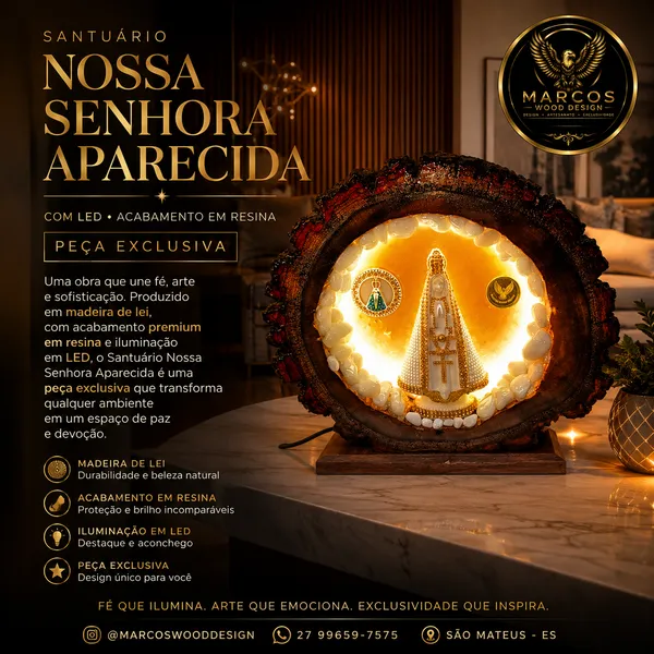 Santuário Rústico Nossa Senhora Aparecida  Fundo em Resina Amarela e LED Branco