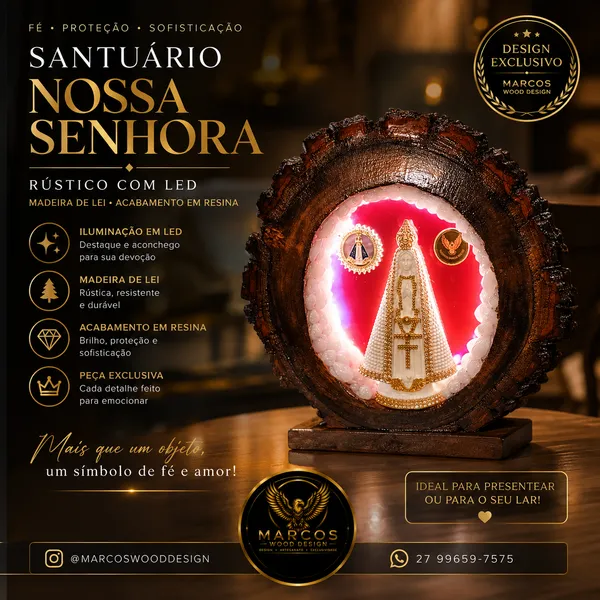 Santuário Rústico Nossa Senhora Aparecida Fundo em Resina Vermelho e LED Branco