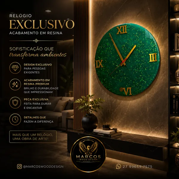 Relógio Esmeralda Premium em Resina sobre Base de Madeira com LED