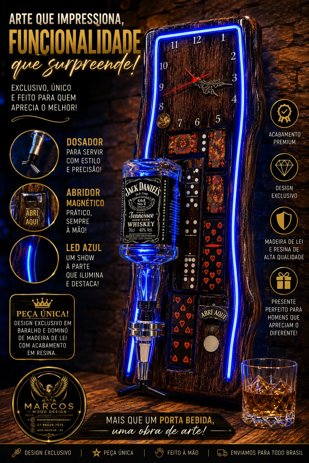 Porta Bebidas Prime LED Azul – Relógio, Dosador e Abridor Magnético - 1
