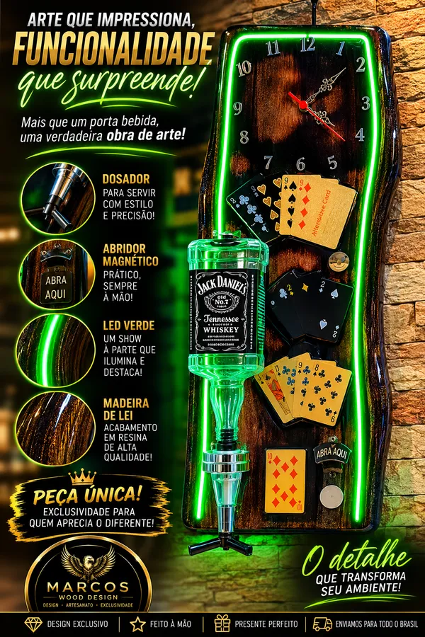 Porta Bebidas Prime LED Verde – Relógio, Dosador e Abridor Magnético
