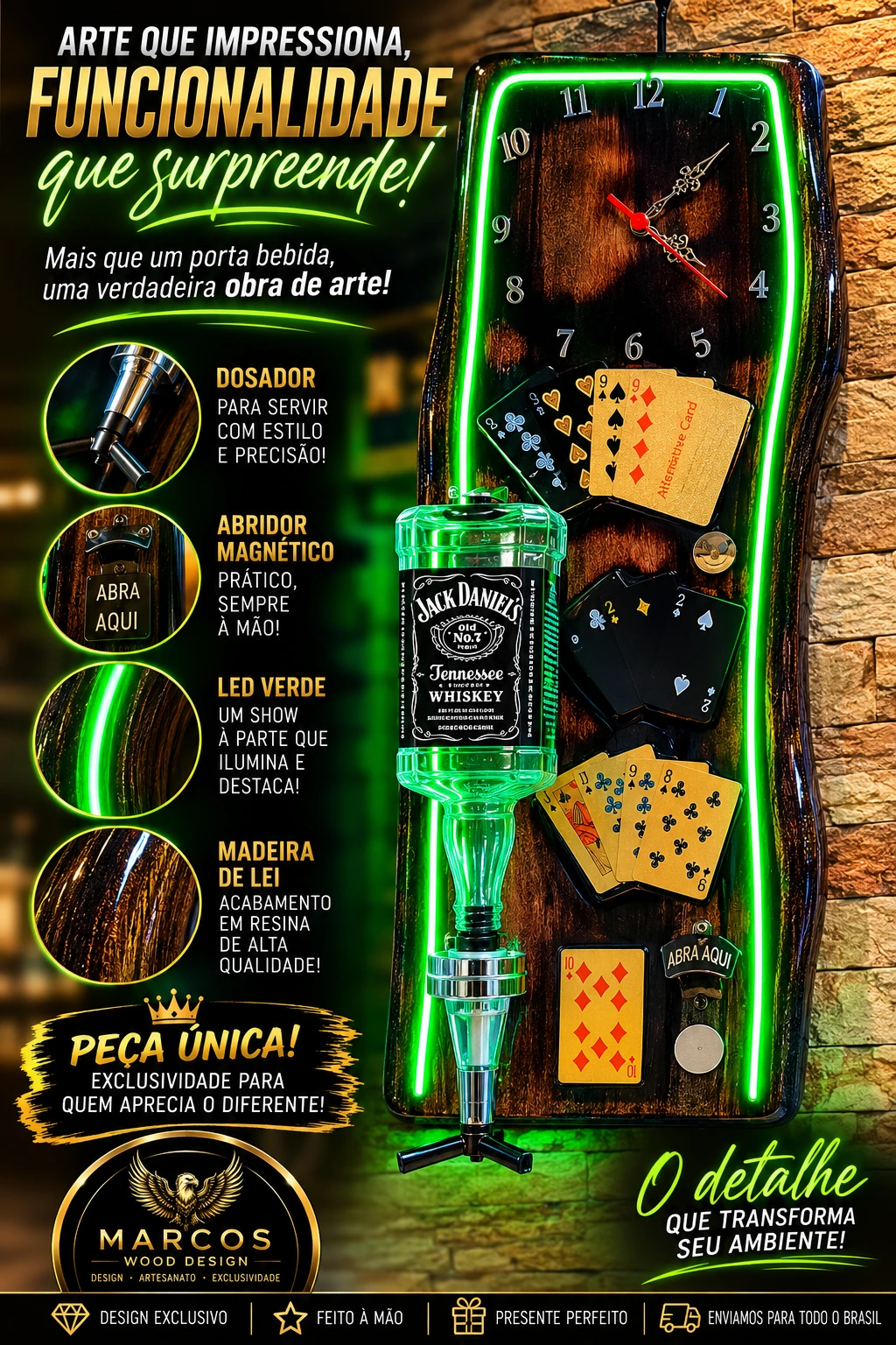 Porta Bebidas Prime LED Verde – Relógio, Dosador e Abridor Magnético - 1