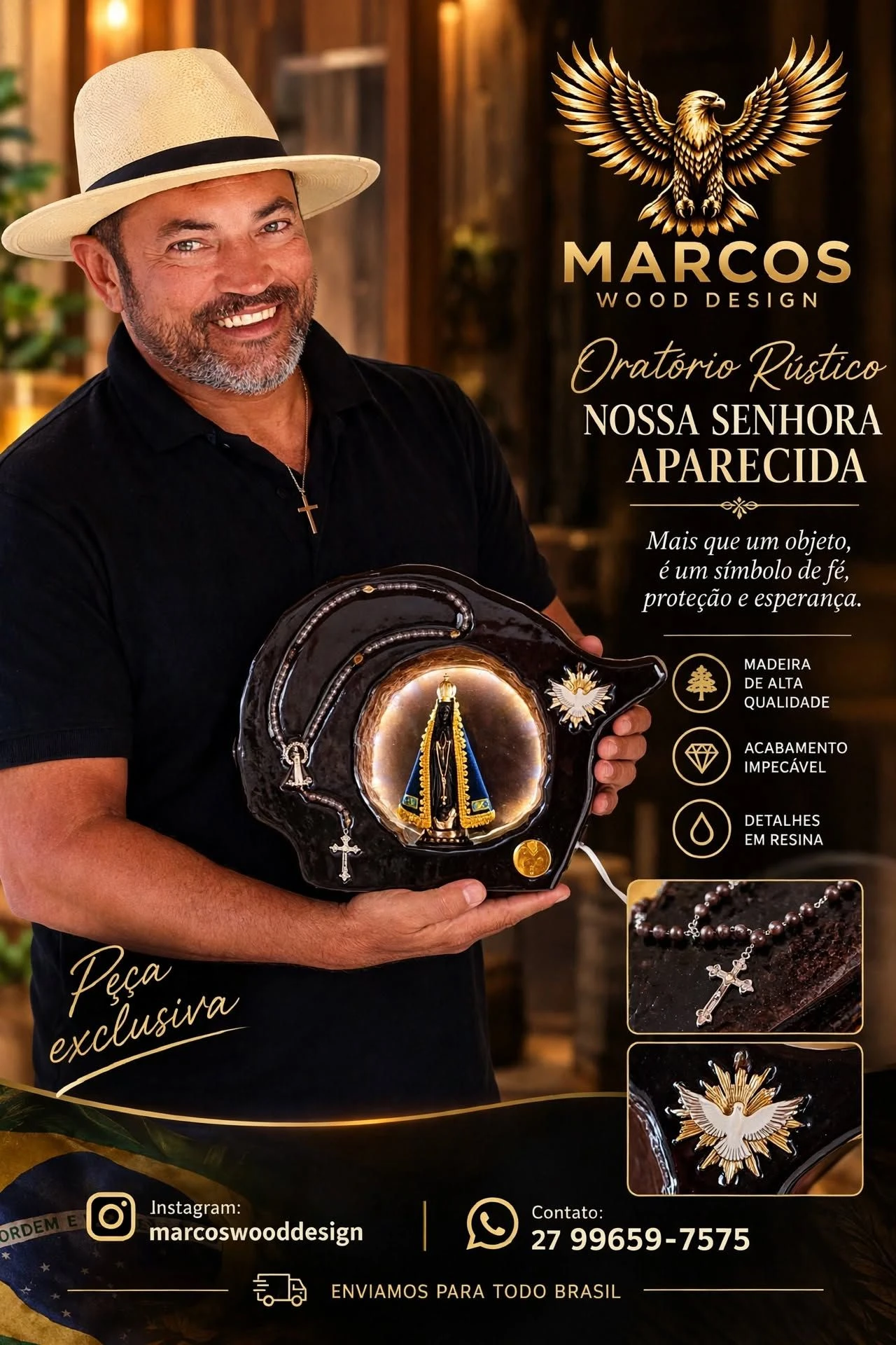 Oratório de Madeira Nossa Senhora Aparecida com LED - 2