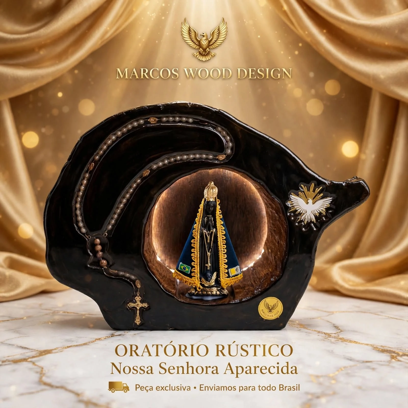 Oratório de Madeira Nossa Senhora Aparecida com LED - 1